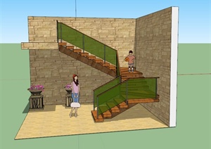 某现代住宅木制转角楼梯SU(草图大师)模型