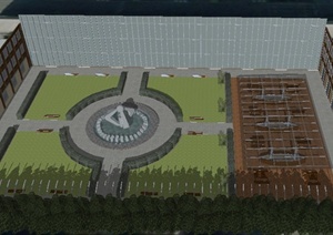 某教学楼与食堂楼中心广场景观设计SU(草图大师)模型