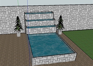 某室外跌水水景设计SU(草图大师)模型素材