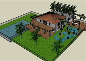 某现代风格二层别墅住宅建筑设计SU(草图大师)模型（带景观）