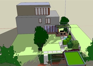 某现代两层住宅景观设计SU(草图大师)模型
