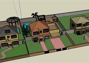 某欧式三栋别墅建筑庭院景观设计SU(草图大师)模型