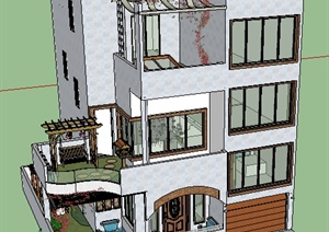 某三层住宅建筑以及庭院花园景观设计SU(草图大师)模型