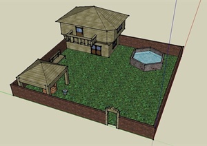 某中式乡村住宅建筑设计SU(草图大师)模型（带庭院）