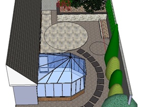 某住宅后院景观设计SU(草图大师)模型（带阳光房）