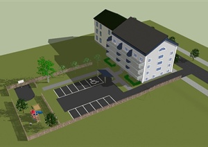 两栋公寓楼建筑设计SU(草图大师)模型（带景观）