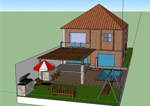 某室外小别墅设计SU(草图大师)模型素材（含庭院）
