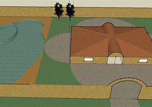 某庭院单层住宅建筑设计SU(草图大师)模型（带水池）