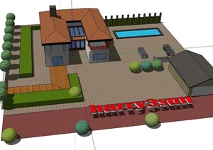 某凹形住宅建筑设计SU(草图大师)模型（含庭院）