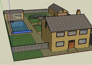 某现代风格两层住宅带车库、游泳池庭院建筑设计SU(草图大师)模型