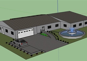 某现代风格单层住宅带车库、喷泉建筑设计SU(草图大师)模型