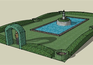 某现代风格绿篱围合庭院景观带喷泉设计SU(草图大师)模型