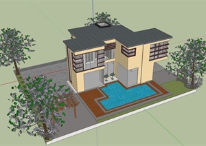 某二层住宅建筑设计SU(草图大师)模型（带景观）