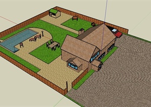 某双层住宅建筑设计SU(草图大师)精细模型（带庭院）