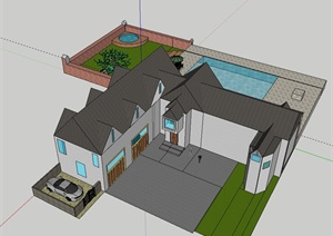 某私人住宅建筑设计SU(草图大师)模型（带庭院景观）