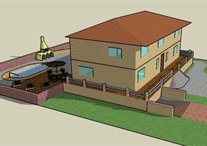 某欧式二层住宅建筑设计SU(草图大师)模型（带庭院）
