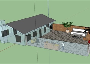 某现代一层住宅建筑后院景观设计SU(草图大师)模型