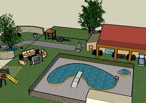 某室外居住庭院花园设计SU(草图大师)模型