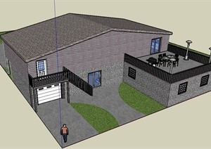 某带露台别墅建筑设计SU(草图大师)模型（含室内和庭院）