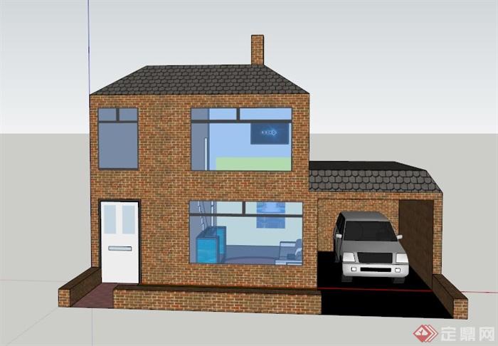 某现代两层带车库住宅建筑设计SU模型(1)