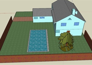 某现代普通两层住宅庭院景观设计SU(草图大师)模型