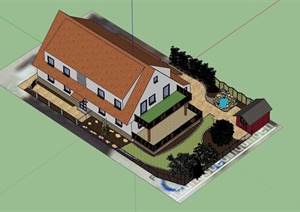 某双层住宅楼建筑设计SU(草图大师)模型（带庭院）