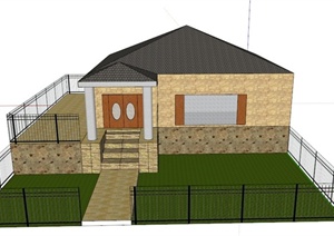 某欧式一层带栅栏住宅建筑设计SU(草图大师)模型