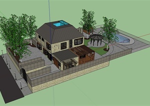某双层私人别墅建筑设计SU(草图大师)模型（带庭院）
