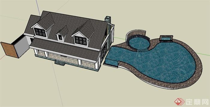 某双层住宅楼建筑设计SU模型（带水池）(1)