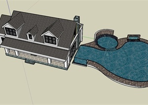 某双层住宅楼建筑设计SU(草图大师)模型（带水池）