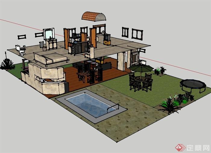 某住宅家具陈设设计SU模型（带庭院）(1)