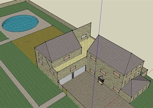 某三层住宅建筑设计SU(草图大师)模型（带水池）