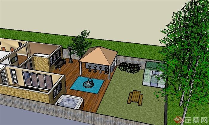 某复式住宅一楼室内设计以及庭院景观SU模型(1)