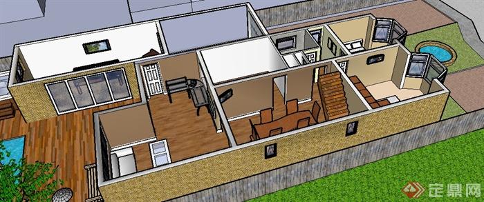 某复式住宅一楼室内设计以及庭院景观SU模型(2)