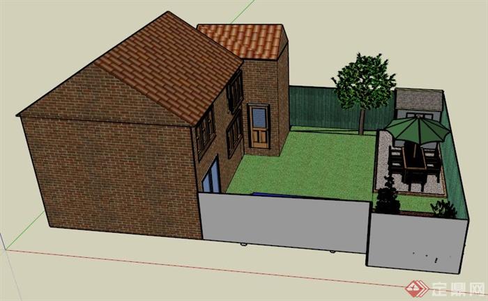 某现代两层两栋住宅建筑庭院景观设计SU模型(1)