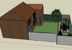 某现代两层两栋住宅建筑庭院景观设计SU(草图大师)模型