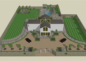 某现代十字形住宅建筑庭院景观设计SU(草图大师)模型