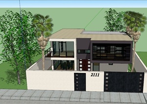 现代某两层住宅建筑周边景观设计SU(草图大师)模型