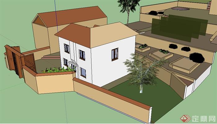 某室外居住别墅设计SU模型（含庭院）(2)