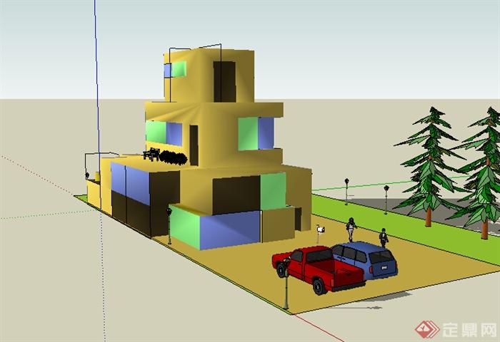 某室外多层别墅建筑设计SU模型设计(2)