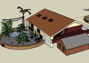 某双层住宅楼建筑设计SU(草图大师)模型（带露台和庭院）