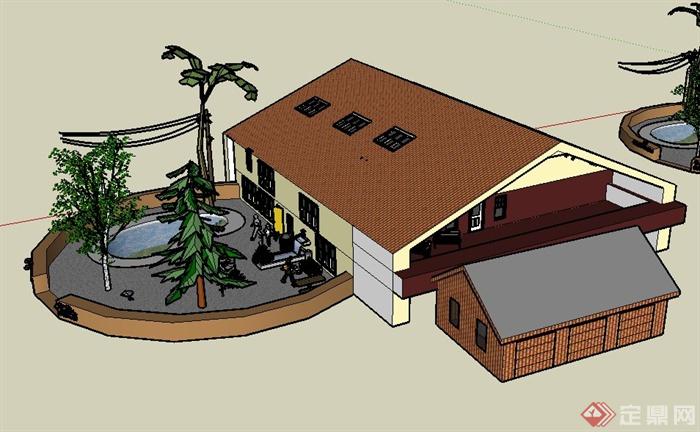 某双层住宅楼建筑设计SU模型（带露台和庭院）(1)
