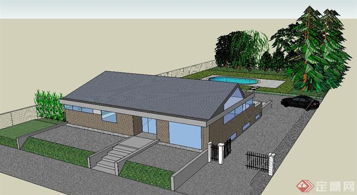 某单层民房住宅建筑设计SU模型（带庭院）(1)