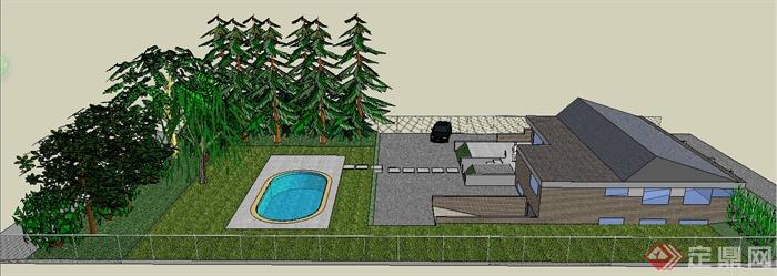 某单层民房住宅建筑设计SU模型（带庭院）(2)