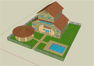 某重檐住宅建筑设计SU(草图大师)模型（带庭院）