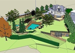 某现代私人别墅住宅建筑设计SU(草图大师)模型（带庭院景观）