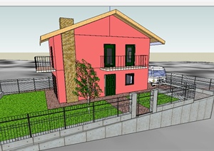 某红色材质小别墅建筑设计SU(草图大师)模型