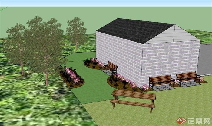 某现代单层住宅景观设计SU模型(1)