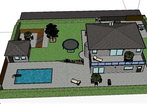 某二层带露台住宅建筑设计SU(草图大师)模型（含庭院）