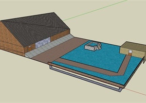 某住宅建筑设计SU(草图大师)模型（带室外水景）